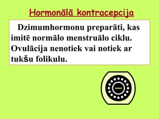 Hormonālā kontracepcija
Dzimumhormonu preparāti, kas
imitē normālo menstruālo ciklu.
Ovulācija nenotiek vai notiek ar
tukšu folikulu.

 
