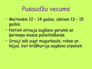 Pusaudžu vecums
• Meitenēm 12 – 14 gados, zēniem 13 – 15
gados.
• Notiek strauja augšana garumā un
ķermeņa masas palielināšanās.
• Srauji sāk augt mugurkauls, rokas un
kājas, bet krūškurvja augšana atpaliek.

 