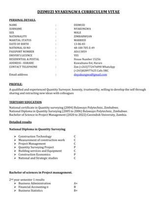 Zim Cv.pdf Comprehensive Curriculum Vitae of Quantity Surveyor Dzimuzi Nyakungwa | PDF