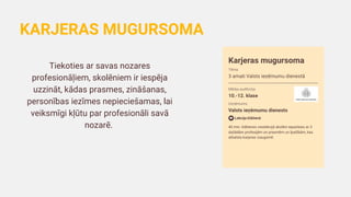Tiekoties ar savas nozares
profesionāļiem, skolēniem ir iespēja
uzzināt, kādas prasmes, zināšanas,
personības iezīmes nepieciešamas, lai
veiksmīgi kļūtu par profesionāli savā
nozarē.
KARJERAS MUGURSOMA
 