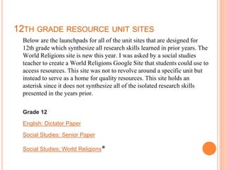 12TH GRADE RESOURCE UNIT SITES
Below are the launchpads for all of the unit sites that are designed for
12th grade which s...