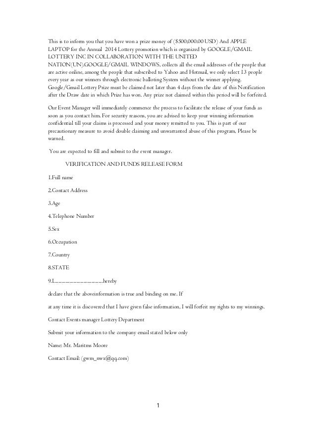 This is to inform you that you have won a prize money of ($500,000.00 USD) And APPLE
LAPTOP for the Annual 2014 Lottery pr...