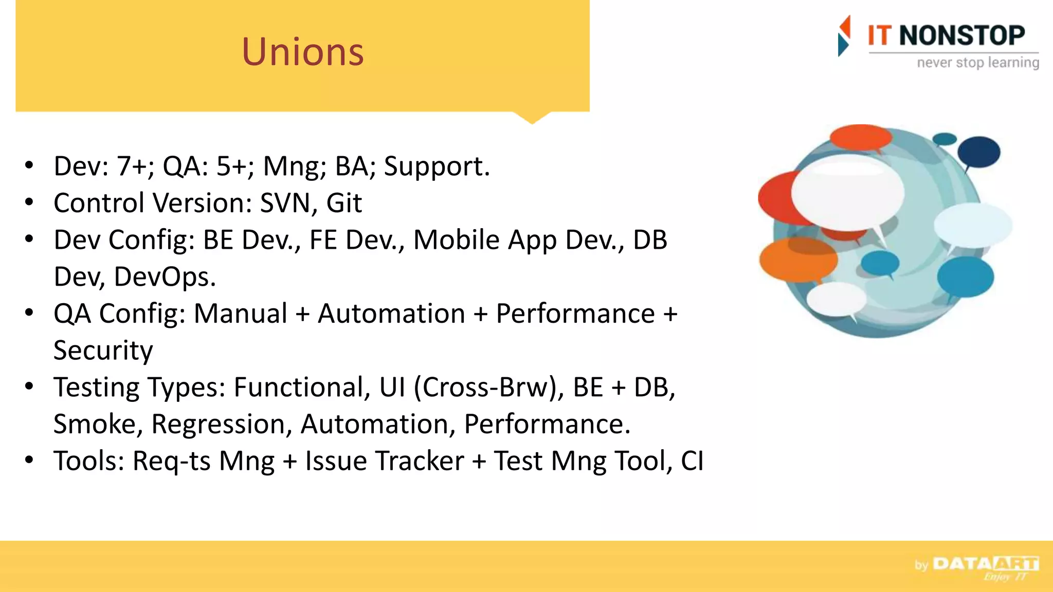 Unions
• Dev: 7+; QA: 5+; Mng; BA; Support.
• Control Version: SVN, Git
• Dev Config: BE Dev., FE Dev., Mobile App Dev., DB
Dev, DevOps.
• QA Config: Manual + Automation + Performance +
Security
• Testing Types: Functional, UI (Cross-Brw), BE + DB,
Smoke, Regression, Automation, Performance.
• Tools: Req-ts Mng + Issue Tracker + Test Mng Tool, CI
 