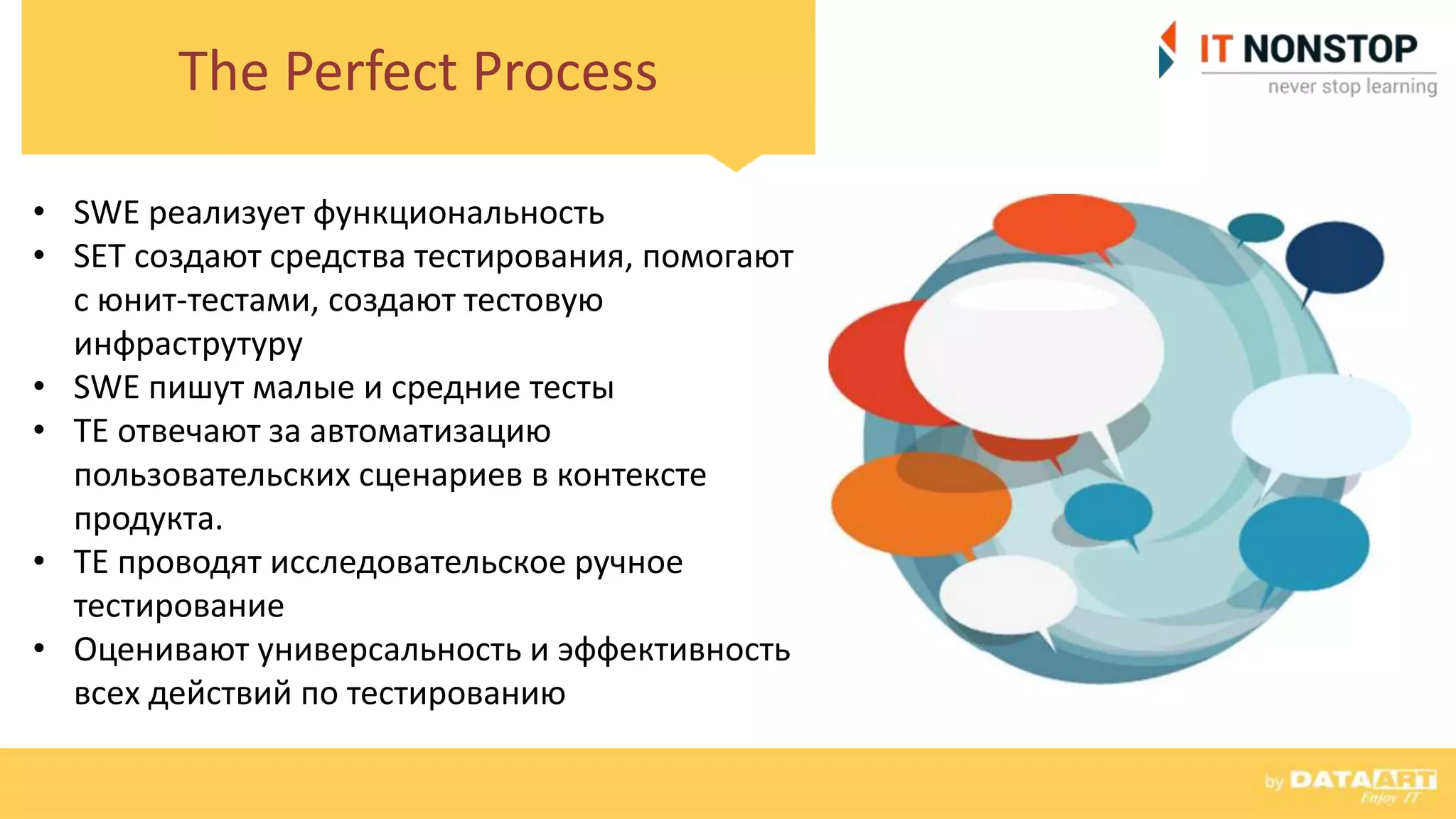 The Perfect Process
• SWE реализует функциональность
• SET создают средства тестирования, помогают
с юнит-тестами, создают тестовую
инфраструтуру
• SWE пишут малые и средние тесты
• TE отвечают за автоматизацию
пользовательских сценариев в контексте
продукта.
• TE проводят исследовательское ручное
тестирование
• Оценивают универсальность и эффективность
всех действий по тестированию
 