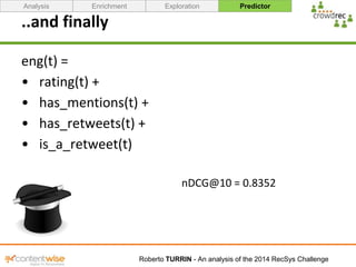 Analysis Enrichment Exploration Predictor 
eng(t) = 
• rating(t) + 
• has_mentions(t) + 
• has_retweets(t) + 
• is_a_retwe...