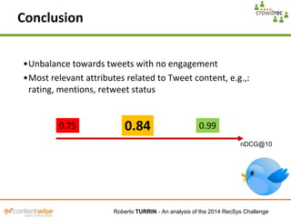 •Unbalance towards tweets with no engagement 
•Most relevant attributes related to Tweet content, e.g.,: 
rating, mentions...