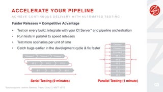 © 2017 CA. Confidential. All rights reserved.
ACCELERATE YOUR PIPELINE
Faster Releases = Competitive Advantage
• Test on every build; integrate with your CI Server* and pipeline orchestration
• Run tests in parallel to speed releases
• Test more scenarios per unit of time
• Catch bugs earlier in the development cycle & fix faster
A C H I E V E C O N T I N U O U S D E L I V E R Y W I T H A U T O M AT E D T E S T I N G
*Sauce supports: Jenkins, Bamboo, Travis, Circle CI, MSFT VSTS,
Serial Testing (9 minutes)
Chrome 1 Chrome 2 Chrome 3
FF 2 FF 2 FF 3
IE 1 IE 2 IE 3
Parallel Testing (1 minute)
Chrome 1
Chrome 2
Chrome 3
FF 1
FF 2
FF 3
IE 1
IE 2
IE 3
 