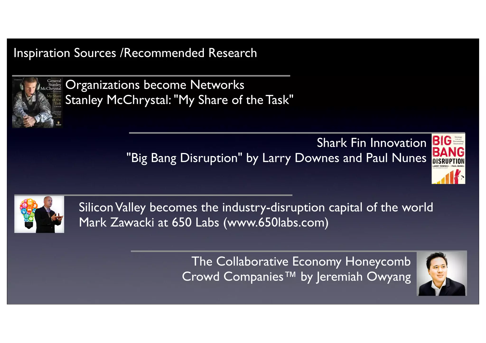 Inspiration Sources /Recommended Research
Organizations become Networks
Stanley McChrystal: "My Share of the Task"
Shark Fin Innovation
"Big Bang Disruption" by Larry Downes and Paul Nunes
SiliconValley becomes the industry-disruption capital of the world
Mark Zawacki at 650 Labs (www.650labs.com)
The Collaborative Economy Honeycomb
Crowd Companies™ by Jeremiah Owyang
 