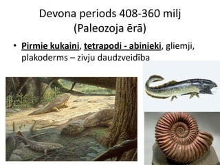 Devona periods 408-360 milj
           (Paleozoja ērā)
• Pirmie kukaiņi, tetrapodi - abinieki, gliemji,
  plakoderms – zivju daudzveidība
 