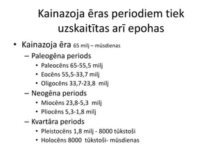 Kainazoja ēras periodiem tiek
           uzskaitītas arī epohas
• Kainazoja ēra 65 milj – mūsdienas
   – Paleogēna periods
       • Paleocēns 65-55,5 milj
       • Eocēns 55,5-33,7 milj
       • Oligocēns 33,7-23,8 milj
   – Neogēna periods
       • Miocēns 23,8-5,3 milj
       • Pliocēns 5,3-1,8 milj
   – Kvartāra periods
       • Pleistocēns 1,8 milj - 8000 tūkstoši
       • Holocēns 8000 tūkstoši- mūsdienas
 