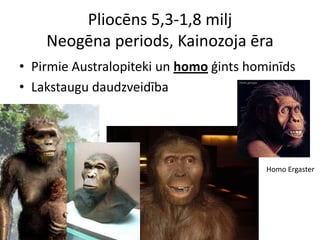 Pliocēns 5,3-1,8 milj
    Neogēna periods, Kainozoja ēra
• Pirmie Australopiteki un homo ģints hominīds
• Lakstaugu daudzveidība




                                         Homo Ergaster
 