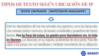 TIPOS DE TEXTO SEGÚN UBICACIÓN DE IP
TEXTOS CENTRADOS ( SINTETIZANTE-ANALIZANTE )
 
