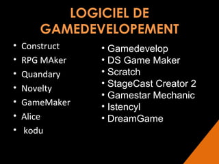 LOGICIEL DE
GAMEDEVELOPEMENT
•
•
•
•
•
•
•

Construct
RPG MAker
Quandary
Novelty
GameMaker
Alice
kodu

• Gamedevelop
• DS Game Maker
• Scratch
• StageCast Creator 2
• Gamestar Mechanic
• Istencyl
• DreamGame

 
