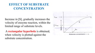 EFFECT OF SUBSTRATE
CONCENTRATION
Increase in [S], gradually increases the
velocity of enzyme reaction, within the
limited range of substrate levels.
A rectangular hyperbola is obtained,
when velocity is plotted against the
substrate concentration.
 