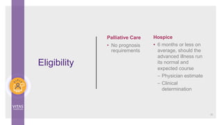 Hospice
• 6 months or less on
average, should the
advanced illness run
its normal and
expected course
– Physician estimate
– Clinical
determination
Eligibility
Palliative Care
• No prognosis
requirements
22
 