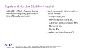 Rhee, C., Jones, T. M., Hamad, Y., Pande, A., Varon, J., O’Brien, C., ... & Klompas, M. (2019). Prevalence, underlying causes, and
preventability of sepsis-associated mortality in US acute care hospitals. JAMA Network Open, 2(2), e187571-e187571.
Sepsis and Hospice Eligibility: Hospital
• 40% (121 of 300) of sepsis deaths
met hospice eligibility guidelines at
time of hospital admission
• Most common terminal conditions
are as follows:
– Solid cancer 20%
– Hematologic cancer 5.3%
– Advanced cardiac disease 16%
– Dementia 5%
– Stroke 4%
– Advanced lung disease 4%
 