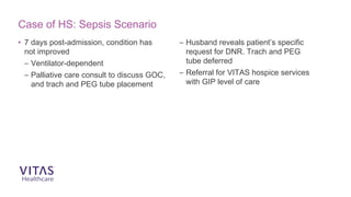 Case of HS: Sepsis Scenario
• 7 days post-admission, condition has
not improved
– Ventilator-dependent
– Palliative care consult to discuss GOC,
and trach and PEG tube placement
– Husband reveals patient’s specific
request for DNR. Trach and PEG
tube deferred
– Referral for VITAS hospice services
with GIP level of care
 