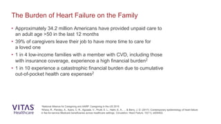 • Approximately 34.2 million Americans have provided unpaid care to
an adult age >50 in the last 12 months
• 39% of caregivers leave their job to have more time to care for
a loved one
• 1 in 4 low-income families with a member with CVD, including those
with insurance coverage, experience a high financial burden2
• 1 in 10 experience a catastrophic financial burden due to cumulative
out-of-pocket health care expenses2
The Burden of Heart Failure on the Family
1National Alliance for Caregiving and AARP. Caregiving in the US 2015
2Khera, R., Pandey, A., Ayers, C. R., Agusala, V., Pruitt, S. L., Halm, E. A., ... & Berry, J. D. (2017). Contemporary epidemiology of heart failure
in fee-for-service Medicare beneficiaries across healthcare settings. Circulation: Heart Failure, 10(11), e004402.
 
