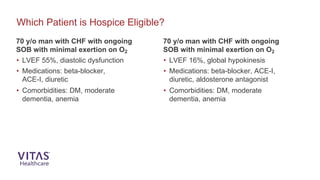 70 y/o man with CHF with ongoing
SOB with minimal exertion on O2
• LVEF 55%, diastolic dysfunction
• Medications: beta-blocker,
ACE-I, diuretic
• Comorbidities: DM, moderate
dementia, anemia
Which Patient is Hospice Eligible?
70 y/o man with CHF with ongoing
SOB with minimal exertion on O2
• LVEF 16%, global hypokinesis
• Medications: beta-blocker, ACE-I,
diuretic, aldosterone antagonist
• Comorbidities: DM, moderate
dementia, anemia
 