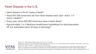 • Heart disease is the #1 cause of death1
• About 647,000 Americans die from heart disease each year—that’s 1 in
every 4 deaths2,3
• Every year, about 805,000 Americans have a heart attack3
• Approximately 1 in 4 Medicare beneficiaries hospitalized for decompensated
HF are readmitted within 30 days of discharge4
Heart Disease in the U.S.
1Heron, M. P. (2018). Deaths: leading causes for 2016. doi:10.1161/CIR.
2Benjamin EJ, Muntner P, Alonso A, Bittencourt MS, Callaway CW, Carson AP, et al. Heart disease and stroke statistics—2019 update: a report from
the American Heart Association. Circulation. 2019;139(10):e56–528.
3 Fryar, C. D., Chen, T. C., & Li, X. (2012). Prevalence of uncontrolled risk factors for cardiovascular disease: United States,1999-2010 (No. 103).
Atlanta, GA: US Department of Health and Human Services, Centers for Disease Control and Prevention, National Center for Health Statistics.
4Jencks SF, Williams MV, Coleman EA. Rehospitalizations among patients in the Medicare fee-for-service program. N Engl J Med 2009;360:1418–28.
 