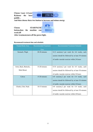Choose Laser A/Laser
B,choose the laser
paddle ,
And then choose these two button to increase and minus energy
Choose STAR/PAUSE
button,then the machine can
work/off
After treatment,turn off the power light.
Recommend treatment time and schedule:
Treated Body Area Recommended Treatment
Time
Recommended Treatment Schedule
Stomach, Thigh 20-30 minutes 8-12 sessions,2 per week for 4-6 weeks, each
session should be followed by at least 30 minutes
of cardio vascular exercise within 24 hours
Arms, Back, Buttocks,
Male Breast
15-20 minutes 8-10 sessions,2 per week for 4-5 weeks, each
session should be followed by at least 30 minutes
of cardio vascular exercise within 24 hours
Calves 15-20 minutes 6-8 sessions,2 per week for 3-4 weeks, each
session should be followed by at least 30 minutes
of cardio vascular exercise within 24 hours
Cheeks, Chin, Neck 10-15 minutes 6-8 sessions,2 per week for 3-4 weeks, each
session should be followed by at least 30 minutes
of cardio vascular exercise within 24 hours
13
 