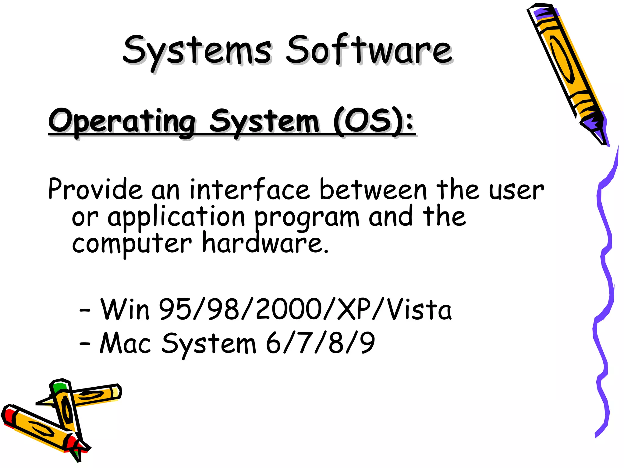Systems Software Operating System (OS):   Provide an interface between the user or application program and the computer hardware. Win 95/98/2000/XP/Vista Mac System 6/7/8/9 