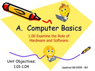 A.  Computer Basics Unit Objectives: 1.01-1.04 1.00 Examine the Role of  Hardware and Software. Updated 08/2009 - BH 