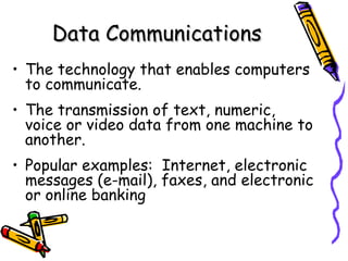 Data Communications The technology that enables computers to communicate. The transmission of text, numeric, voice or video data from one machine to another. Popular examples:  Internet, electronic messages (e-mail), faxes, and electronic or online banking 