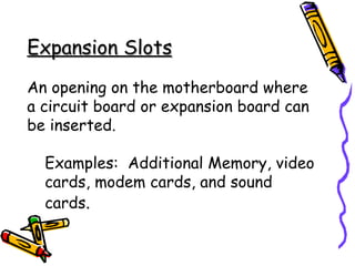 Expansion Slots An opening on the motherboard where a circuit board or expansion board can be inserted. Examples:  Additional Memory, video cards, modem cards, and sound cards . 