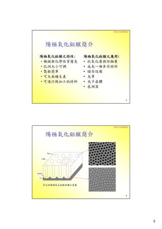 奈微米系統實驗室




 陽極氧化鋁膜簡介
陽極氧化鋁膜之特性:
陽極氧化鋁膜之特性:       陽極氧化鋁膜之應用:
                 陽極氧化鋁膜之應用
•機械與化學性質優良       • 抗氧化層與防蝕層
•孔洞大小可調          • 成長一維奈米材料
•製程簡單            • 儲存設備
•可大面積生產          • 光罩
•可進行微加工的材料       • 光子晶體
                 • 感測器


                               5




                         奈微米系統實驗室



 陽極氧化鋁膜簡介




多孔性陽極氧化鋁膜結構示意圖



                               6




                                    3
 