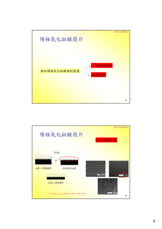 奈微米系統實驗室



陽極氧化鋁膜簡介



                                                               二次陽極處理
增加陽極氧化鋁膜規則範圍
                                                               預置圖案




                                                                              11




                                                                        奈微米系統實驗室



陽極氧化鋁膜簡介
                                                                二次陽極處理




  1.J. S. Sun, J. S. Lee, Appl. Phys. Lett. 75, 2047 (1999).
                                                                              12




                                                                                   6
 