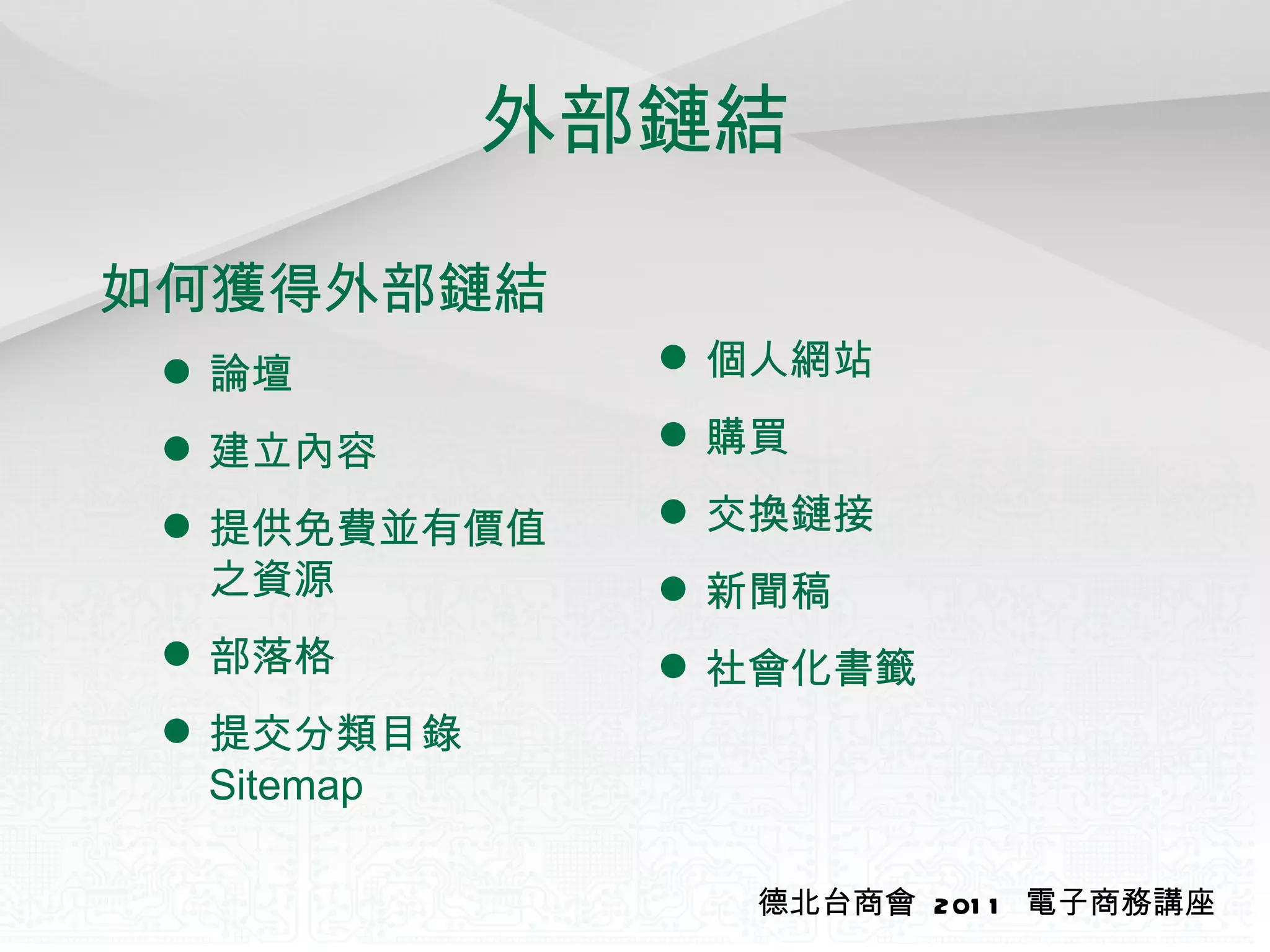 外部鏈結 德北台商會  2011  電子商務講座 如何獲得外部鏈結 論壇 建立內容 提供免費並有價值之資源 部落格 提交分類目錄 Sitemap 個人網站 購買 交換鏈接 新聞稿 社會化書籤 