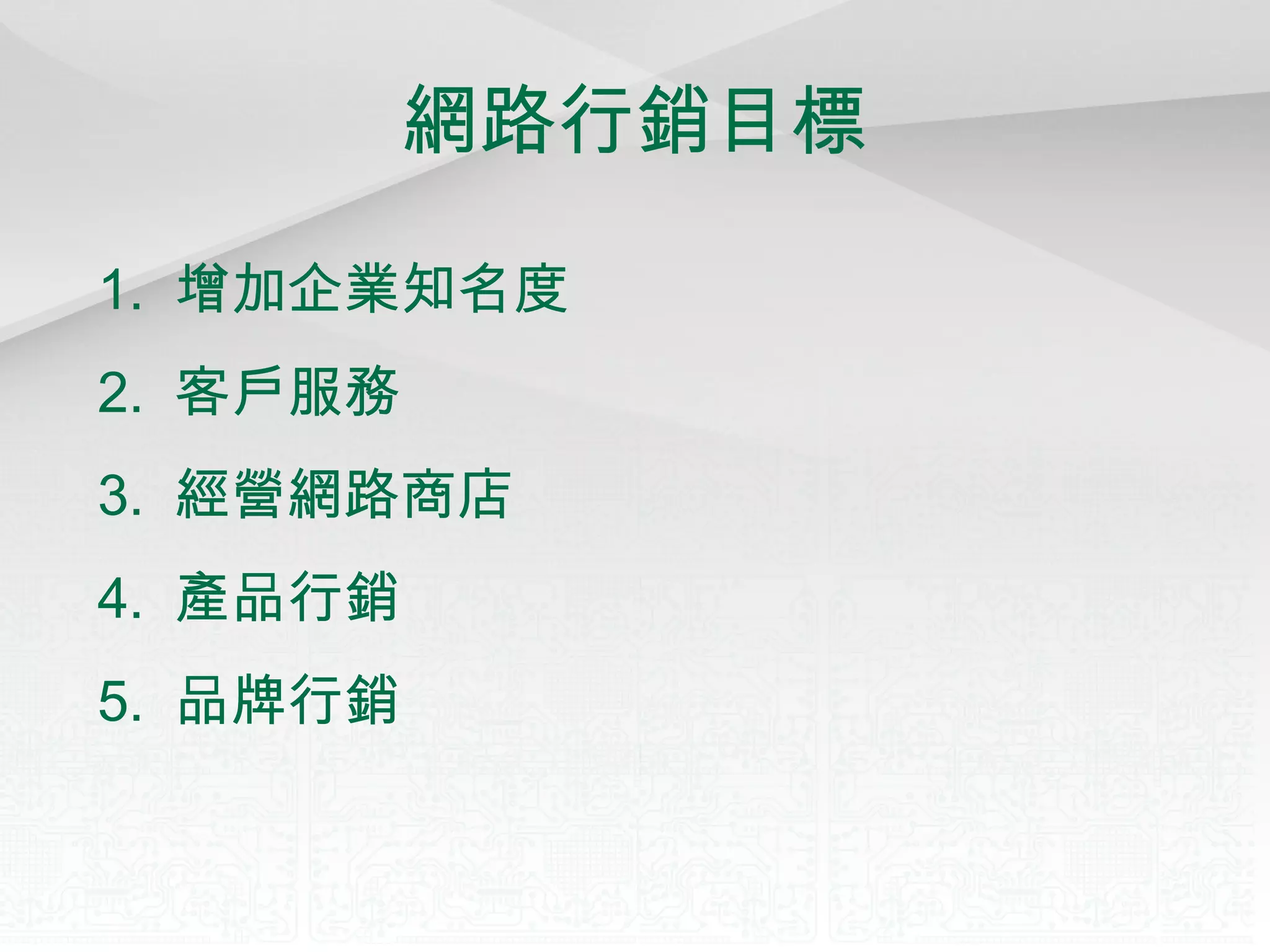 網路行銷目標 增加企業知名度 客戶服務 經營網路商店 產品行銷 品牌行銷 