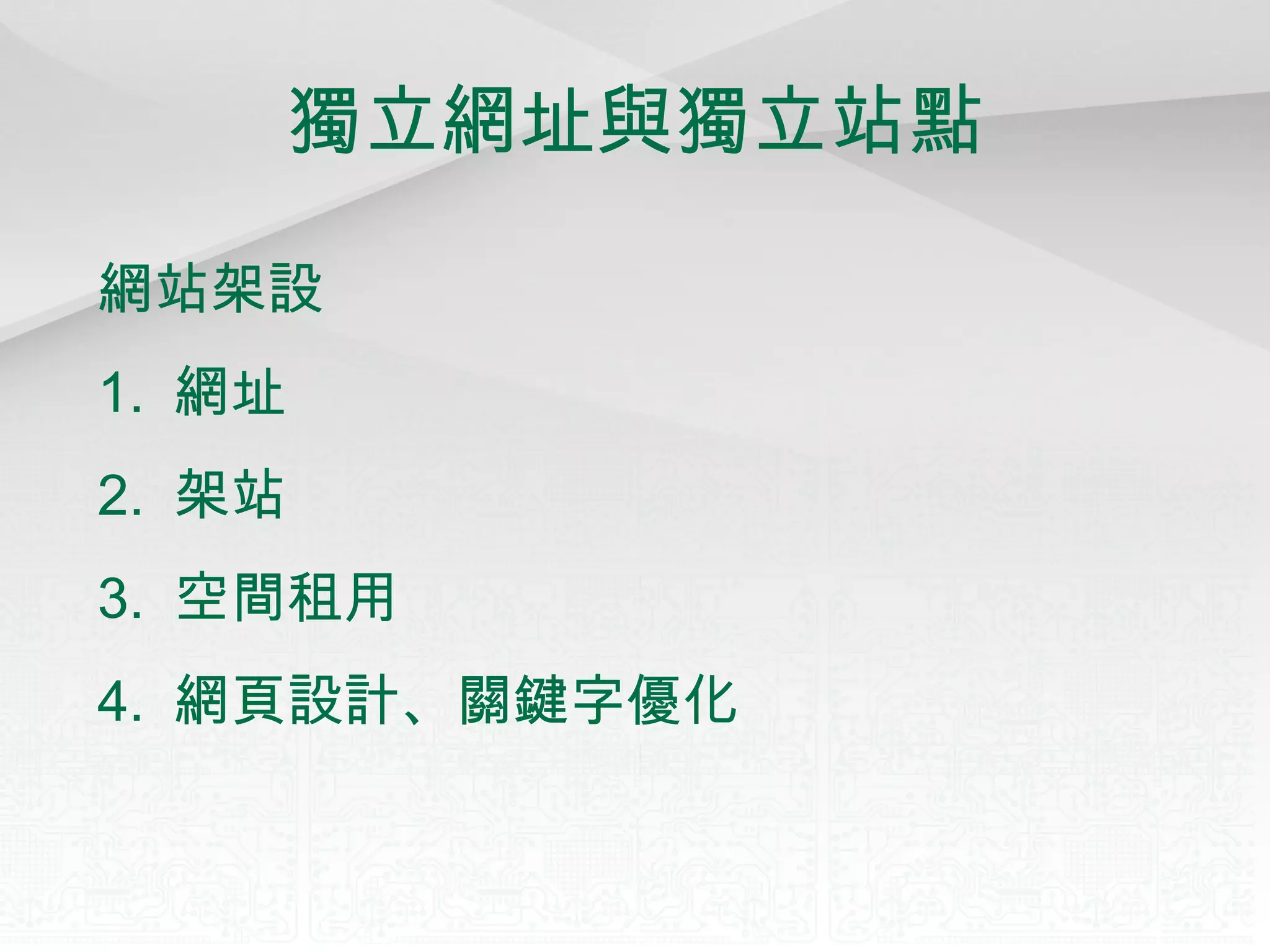 獨立網址與獨立站點 網站架設 1.  網址  2.  架站 3.  空間租用 4.  網頁設計、關鍵字優化 