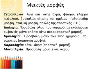 Μεικτές μορφές Τετραπληγία :  Άνω και κάτω άκρα, φτωχός έλεγχος κεφαλιού, δυσκολίες σίτισης και ομιλίας  (αθετοειδής μορφή, αταξική μορφή, πολλές της σπαστικής  Ε.Π.). Διπληγία :  Προσβολή  όλου  του κορμιού, με εκδηλώσεις εμφανείς  μόνο από τα κάτω άκρα (σπαστική μορφή). Ημιπληγία :   Προσβολή μόνο του ενός ημιμόριου του σώματος (σπαστική μορφή). Παραπληγία : K άτω  άκρα (σπαστική  μορφή). Μονοπληγία :  Προσβολή  μόνο  ενός  άκρου. 