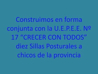 Construimos en forma
conjunta con la U.E.P.E.E. Nº
 17 “CRECER CON TODOS”
   diez Sillas Posturales a
   chicos de la provincia
 