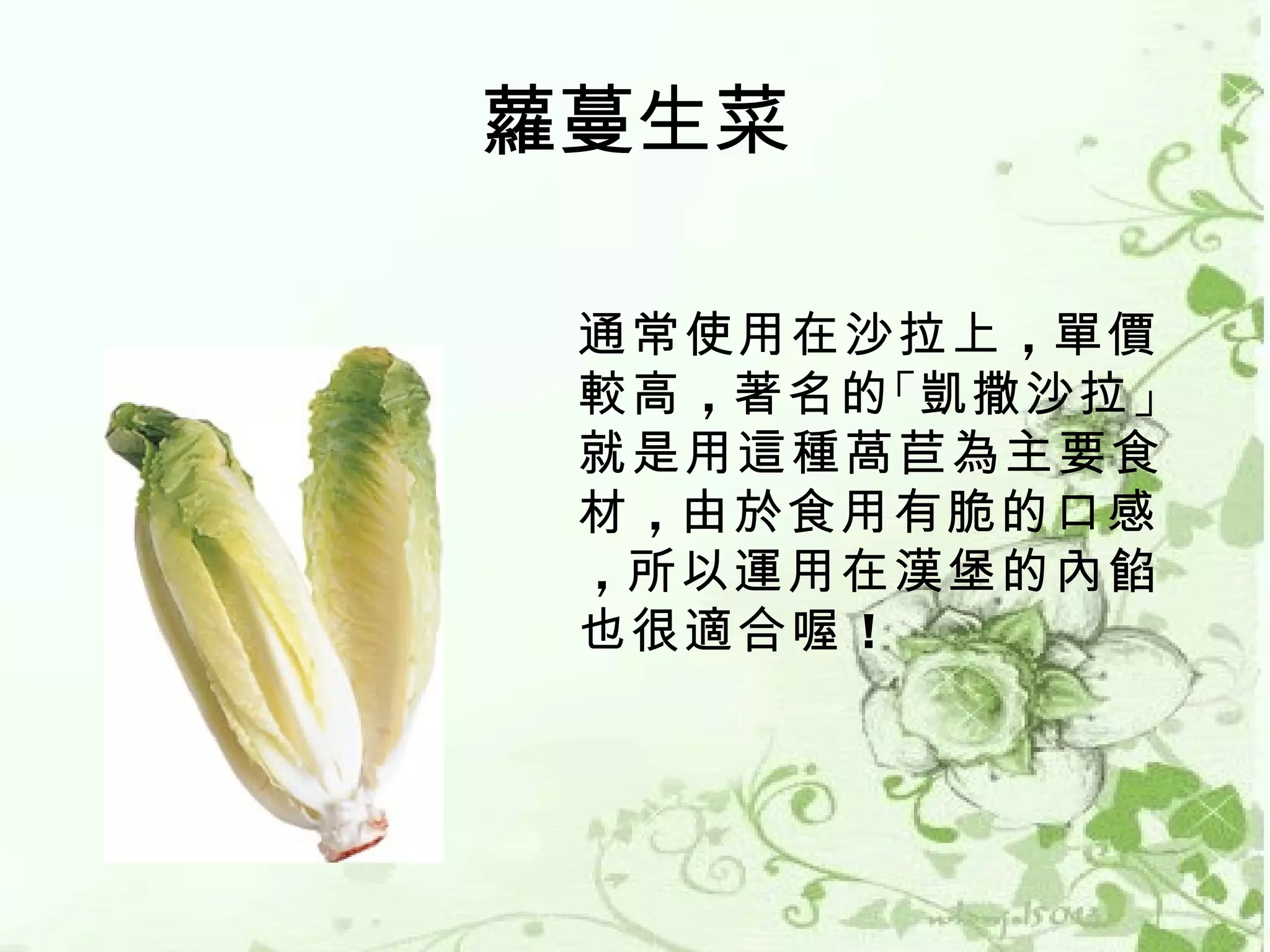 蘿蔓生菜

 通常使用在沙拉上 ，單價
 較高 ，著名的 「凱撒沙拉 」
 就是用這種萵苣為主要食
 材 ，由於食用有脆的口感
 ，所以運用在漢堡的內餡
 也很適合喔 ！
 