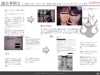 過去事例２：有名スポーツメーカー社員,有名人をバッシングツイートし炎上
                                                                             ※ネット上の情報にはモザイク
                                                                             はかかっておりません
 来店したスポーツ選手に関し
 て、
 「そいえば今日マイクハーフ
 ナー
 が来た。ビッチを具現化した
 ような女と一緒に来てて、何
 かお腹大っきい気がしたけど
 結婚してんの(^ω^)？？」
 「帰化したからハーフナーマ
 イクかwアシュトンカッ                     個人の特定
 チャー                             本人が気づかない場所で議論が加速し、個人情報が流出。
 劣化版みたいな男が沢尻劣化                   気づいて当該情報を削除するも、ネットユーザーが個々人の
 版みたいな女連れてきたよw                   PCに画像を保存していたため、炎上を引き起こす事になっ
 とりあえずデカイね、ホント                   た
 にwww」などと、とても店員
 とは思えないツイートを行っ
 ていた。
                                                                            スポーツブランドとして
                                                                            あるまじき行為である
                                                                            とアディダスが謝罪を表
                                                                            明。

                                                                            新聞にも取り上げられる
 炎上                                                                         ニュースとなった。

                                                                            騒動自体は収まったよう
 本名だけではなく、最       さらに事例４に言及し                                                にみえるが、ネット上に
 終的には不動産登記簿       ていたことが明らかに                                                は情報が残り続け、企業
 謄本までがネット上に       なり、再炎上                                                    イメージを著しく傷つけ
 アップロードされる事                                                                 る結果となっている。
 態に。



                        Copyright ©2012 givery, Inc. All Rights Reserved.
                                                                                         11
 