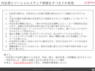 内定者にソーシャルメディア研修をすべき７の背景


 1. 内定者の悪行は、内定を出した企業の姿勢が疑われるという論理になりやすいか
    ら。
 2. 自分の行動が企業や他の内定者などに迷惑をかけるという認識をしていないケース
    が多いから。
 3. 内定を得た瞬間に安心し、「残りの学生生活を満喫しよう！」という開放的な気分
    になり、危険な行為や反社会的行為をする心情に陥りやすいから。
 4. 今の内定者たちは、ソーシャルメディアアカウントを持ち、使いこなしているデジ
    タルネイティブ世代だから。
 5. 過去に掲載した写真（自分でアップしたもの、友人がアップしたもの含む）に
 6. ソーシャルメディアを使っているものの、細かい機能の違いなどを認識していない
    ケースが多いから。
 7. 内定者同士の新しい出会いなどで人脈が広がり、社会に自分のステータスが公表さ
    れやすくなるから。
 8. 就職活動でうまくいかなかった、特定の企業に落ちたなどの恨みや妬みを持つ人が
    周りに多いから。

総じて、
・内定者の不本意な動きによる社会、社員、株主、他内定者への影響面におけるリスク
・内定を出した、貴社に必要とされる人材を守るという責任
を考え、早急な対策が必要だと考え、本研修を開発致しました

              Copyright ©2012 givery, Inc. All Rights Reserved.
                                                                  15
 