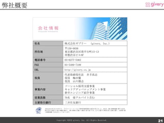 弊社概要




       社名                    株式会社ギブリー （givery, Inc.）
                             〒150-0036
       所在地                   東京都渋谷区南平台町15-13
                             帝都渋谷ビル8F
       電話番号                  03-6277-5462
       FAX                   03-5489-7189
       URL                   http://givery.co.jp
                             代表取締役社長 井手高志
       役員                    役員 梅田優
                             役員 山川雄志
                             ソーシャル採用支援事業
       事業内容                  キャリアディベロップメント事業
                             新卒エンジニア紹介事業
       従業員数                  70名 ※アルバイト含む
       主要取引銀行                三井住友銀行

             当社は2011年1月17日付けで、『プライバシーマーク』の使用許諾事業者の認定を受けました。当社は、個人情報保護に関する法令、
             国が定める指針その他の規範を遵守し、個人情報を正確かつ誠実に取り扱うため、以下に掲げた事項を常に念頭に置き、お客様の個
             人情報保護に万全を尽くしてまいります。




                      Copyright ©2012 givery, Inc. All Rights Reserved.
                                                                               21
 