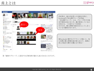 炎上とは


                                                               内定者が、他の内定者との交流を目的に、
                                                               Facebook内で非公開グループを作成。
                                                               「非公開グループ」とは、グループ内での発
                                                               言や発信は見えないが、誰が参加しているか
                                                               は見える。（上記のような状況）
           顔出し                                                 そのため、個人情報の流出を自らしてしまっ
                                                               ている可能性があります。
                            実名


                                                               ※Facebookに関するリテラシーが低いと、知
                                                               らぬ間に個人情報を抜き取られたり、後程に
                                                               炎上が起きた際の火種になり得る！




※「秘密のグループ」に設定すれば参加者が誰かも表示されなくなります。




                   Copyright ©2012 givery, Inc. All Rights Reserved.
                                                                                          6
 