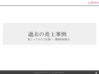 過去の炎上事例
起こってからでは遅い、驚異的拡散力




  Copyright ©2012 givery, Inc. All Rights Reserved.
                                                      9
 