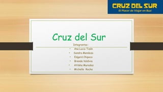 Cruz del Sur
Integrantes :
• Ana Lucia Tizón
• Sandra Mendoza
• Edgard Chipoco
• Brenda Valdivia
• Atilsha Muradaz
• Michelle Rocha
 