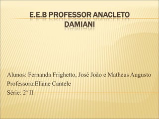 Alunos: Fernanda Frighetto, José João e Matheus Augusto
Professora:Eliane Cantele
Série: 2ª II
 