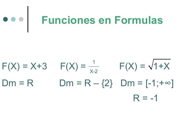 Funciones en Formulas
F(X) = X+3 F(X) = F(X) = 1+X
Dm = R Dm = R â€“ {2} Dm = [-1;+âˆž]
R = -1
1
X-2
 