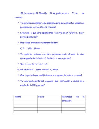 A) Interesante. B) Aburrido.

C) Me gusta un poco.

D) No

me

interesa.
 Te gustaría recomendar este programa para que asistan tus amigos con
problemas de lectura ¿Si o no y Porque?
 Crees que lo que estas aprendiendo te sirvan en un futuro? Si o no y
porque piensas así?
 Haz tenido avances en tu manera de leer?
a) Si

b) No c) Pocos

 Te gustaría continuar con este programa hasta alcanzar tu nivel
correspondiente de lectura? Contesta si o no y porque?
 Que piensas de tus maestros?
a) Son excelentes. B) son buenos. C) Malos.
 Que te gustaría que modificáramos al programa de lectura y porque?
 Tu como participante del programa que calificación le darías en la
escala del 1 al 10 y porque?

Alumno

Fecha

Resultados
entrevista

de

la

 