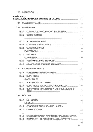 12.5 CORROSIÓN........................................................................................

131

CAPÍTULO 13
FABRICACIÓN, MONTAJE Y CONTROL DE CALIDAD ................................... 132
13.1 PLANOS DE TALLER.......................................................................

132

13.2 FABRICACIÓN ................................................................................... 132
13.2.1

CONTRAFLECHA,CURVADO Y ENDEREZADO........................132

13.2.2

CORTE TÉRMICO

132
135

.......................................................................
13.2.3

ALISADO DE BORDES...............................................................

13.2.4

CONSTRUCCIÓN SOLDADA......................................................135

13.2.5

CONSTRUCCIONES

149
149

EMPERNADAS...........................................
13.2.6

JUNTAS DE
150

COMPRESIÓN..........................................................
13.2.7

TOLERANCIA DIMENSIÓNALES ............................................

13.2.8

ACABADOS DE BASES DE COLUMNAS................................... 152

13.3 PINTADO EN EL TALLER...............................................................
13.3.1

REQUERIMIENTOS GENERALES.........................................

13.3.2

152

SUPERFICIES

152
153
153

INACCESIBLES......................................................
13.3.3

SUPERFICIES DE CONTACTO..............................................

13.3.4

SUPERFICIES ACABADAS POR MAQUINADO.........................154

13.3.5

SUPERFICIES ADYACENTES A LAS SOLDADURAS EN
OBRA......................................................

154

13.4 MONTAJE ............................................................................................154
13.4.1

MÉTODO DE

154
154

MONTAJE................................................................
13.4.2

CONDICIONES DEL LUGAR DE LA OBRA................................

13.4.3

CIMENTACIONES........................................................................155

...

155

13.4.4

EJES DE EDIFICACIÓN Y PUNTOS DE NIVEL DE REFERNCIA.

13.4.5

INSTALACIÓN DE PERNOS DE ANCLAJE Y OTROS ........... 155
156
11

 
