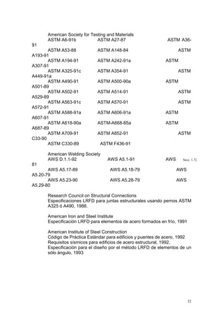 American Society for Testing and Materials
ASTM A6-91b
ASTM A27-87

ASTM A36-

91
ASTM A53-88
A193-91
ASTM A194-91
A307-91
ASTM A325-91c
A449-91a
ASTM A490-91
A501-89
ASTM A502-91
A529-89
ASTM A563-91c
A572-91
ASTM A588-91a
A607-91
ASTM A618-90a
A687-89
ASTM A709-91
C33-90
ASTM C330-89

ASTM A148-84
ASTM A242-91a

ASTM
ASTM

ASTM A354-91
ASTM A500-90a

ASTM
ASTM

ASTM A514-91

ASTM

ASTM A570-91

ASTM

ASTM A606-91a

ASTM

ASTM-A668-85a

ASTM

ASTM A852-91

ASTM

ASTM F436-91

American Welding Society
AWS D.1.1-92

AWS A5.1-91

AWS

A5.5-1.7]
Secc.

81
AWS A5.17-89
A5.20-79
AWS A5.23-90
A5.29-80

AWS A5.18-79

AWS

AWS A5.28-79

AWS

Research Council on Structural Connections
Especificaciones LRFD para juntas estructurales usando pernos ASTM
A325 ó A490, 1988.
American Iron and Steel Institute
Especificación LRFD para elementos de acero formados en frío, 1991
American Institute of Steel Construction
Código de Práctica Estándar para edificios y puentes de acero, 1992
Requisitos sísmicos para edificios de acero estructural, 1992.
Especificación para el diseño por el método LRFD de elementos de un
sólo ángulo, 1993

32

 