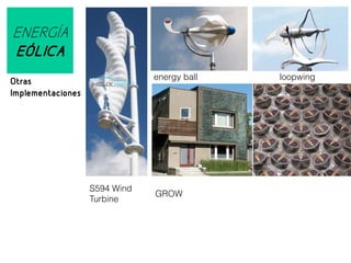 ENERGÍA
EÓLICA
energy ball

Otras
Implementaciones

S594 Wind
Turbine

GROW

loopwing

 
