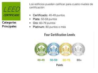 LEED
CERTIFICADO

Categorías
Principales

Los edificios pueden calificar para cuatro niveles de
certificación:





Certificado: 40-49 puntos
Plata: 50-59 puntos
Oro: 60-79 puntos
Platinum: 80 puntos o más

 